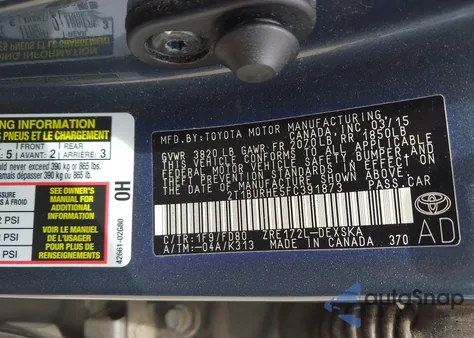 2015 Toyota Corolla S Plus z USA, uszkodzony, nr VIN 2T1BURHE5FC391873